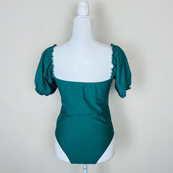 Green Cut Out Silver O-Ring Puff Sleeve Sweetheart Neck One Piece Swimsuit - Picture 4 of 10